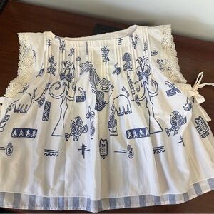 White Cotton Embroidered Tank Top with Blue Folk Print